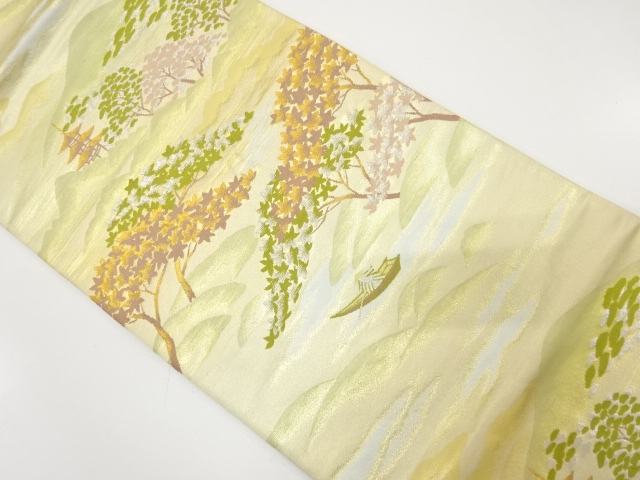 JAPANESE KIMONO / ANTIQUE FUKURO OBI / SILK / WOVEN PAGODA & MAPLE